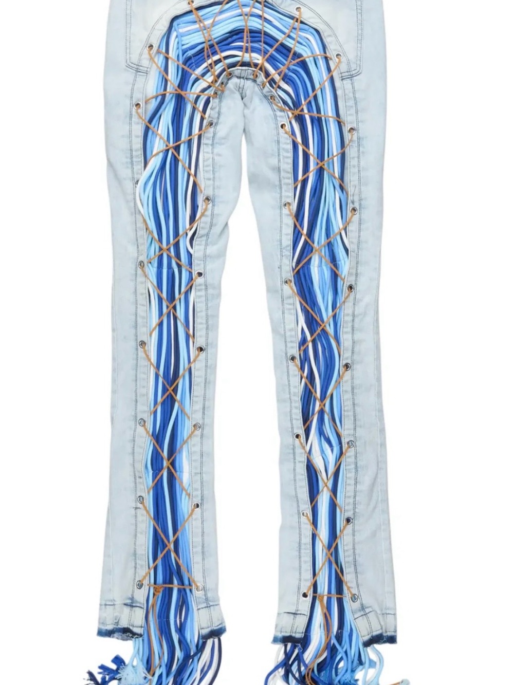 Light Blue Lace-Up Fringe Wide Leg Jeans with Blue Ribbon Inset
